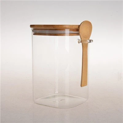 Pot de rangement carré avec couvercles en bambou et cuillère