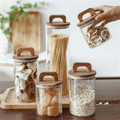 Pot de rangement en verre rond avec couvercle à poignée en bois d'acacia