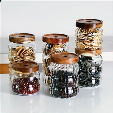 Pot de rangement en verre rayé avec couvercle en bois d'acacia